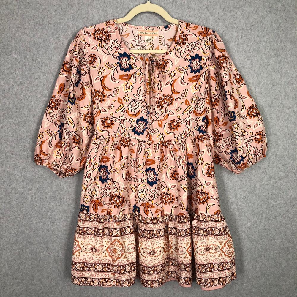 BOG Collective Babydoll Peasant Mini Dress XS‎ Paisley Tiered Puff Boho Cottage